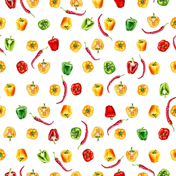 Yellow Red Green Bell Peppers Chili Peper Watercolor Seamless Pattern — 스톡 사진