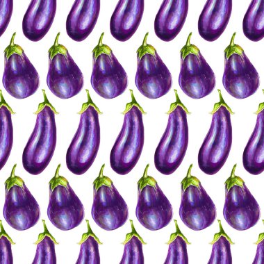 Mor patlıcan illüstrasyon. Sebze suluboya dikişsiz desen, çiğ patlıcan. Elle çizilmiş sağlıklı gıda.
