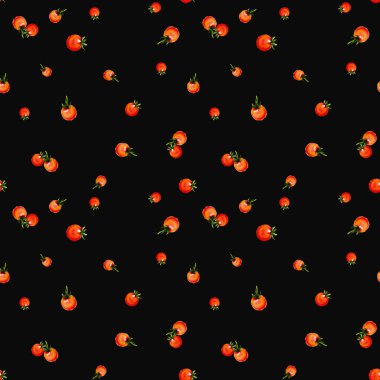 Kiraz domates illüstrasyon. Sebze suluboya dikişsiz desen, çiğ kırmızı kiraz domates. Elle çizilmiş sağlıklı gıda.