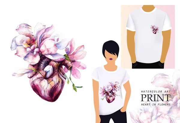 Watercolor heart in magnolia flowers. Print for clothes, textiles, bags or postcards, covers, paintings.