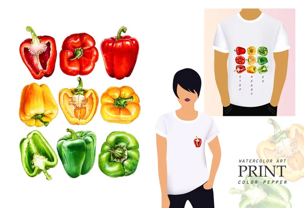 Aquarell Rote Gelbe Und Grüne Paprika Druck Für Kleidung Shirts — Stockfoto