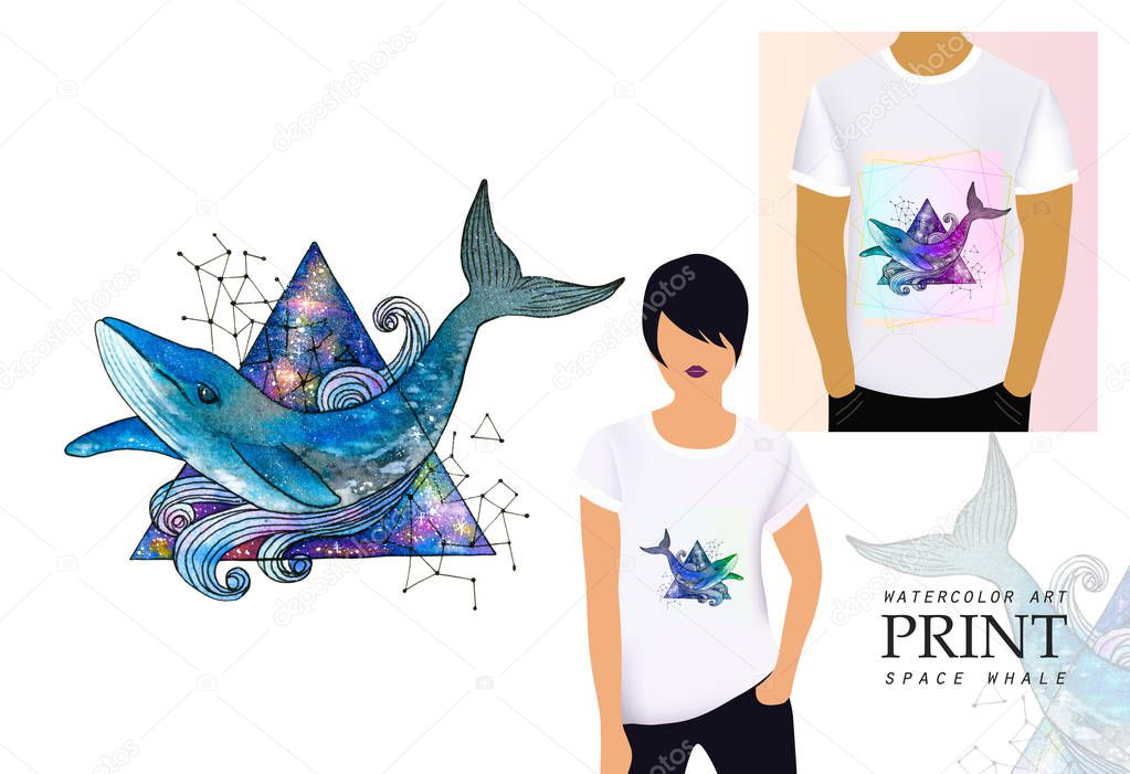 Blue whale with splashes of paint, waves, watercolor cosmic nebula in the triangle. Print for clothes, t-shirts, bags.