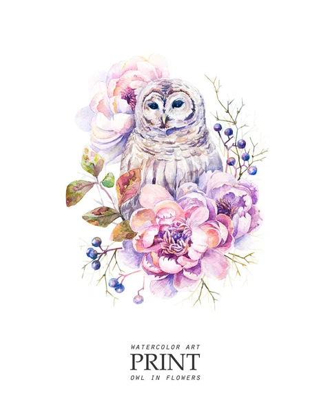 Watercolor white owl in pink peony flowers. Print for clothes, textiles, bags or postcards, covers, paintings