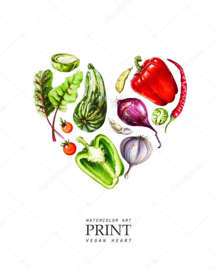 Watercolor vegetables laid out in the form of a heart. Print for clothes, textiles, bags or postcards, covers. Drawn zucchini, eggplant, garlic, pepper, onion and others.