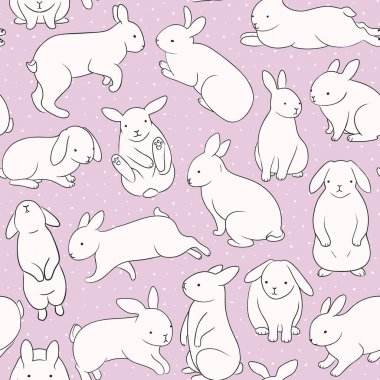 Sevimli bunnies ile Dikişsiz desen. Pembe arka planda beyaz tavşanlar.