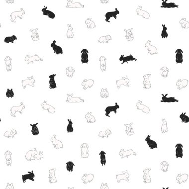 Sevimli bunnies ile Dikişsiz desen. Beyaz arka planda siyah beyaz tavşanlar. Doğrusal, anahat çizimi.