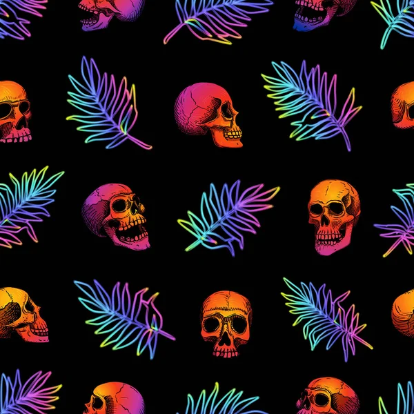Vector Pattern Human Skulls Neon Palm Leaves Gradient Fill Bright — Stock Vector