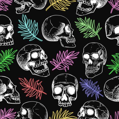 Inversion ve renkli palmiye yaprakları insan kafatasları ile Vektör dikişsiz desen. Dövme tarzında siyah bir arka plan üzerinde Çizgi sanatı.
