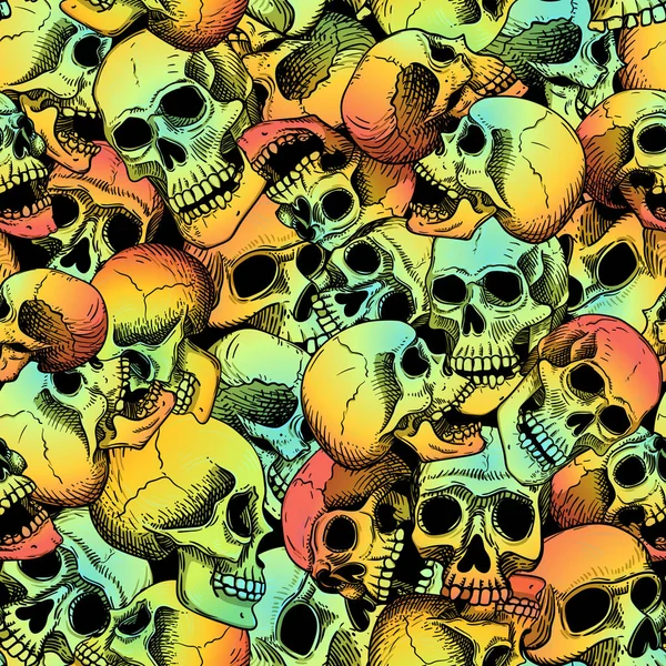 Vektör, insan kafatasları ile kusursuz desen. Degrade dolgu: siyah bir arka plan üzerinde mercan, sarı, yeşil ve çizgi sanatı.