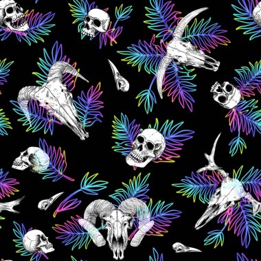 İnsan ve hayvan kafatasları ve neon palmiye yaprakları ile vektör desen. Degrade dolgu, bir boğa, keçi, siyah bir arka plan üzerinde tropikal bir tarzda koç başkanı. Cadılar Bayramı için arka plan.