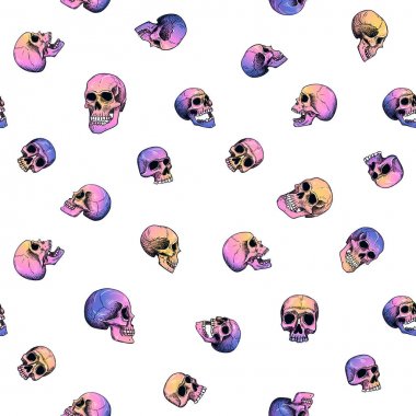 Vektör, insan kafatasları ile kusursuz desen. Degrade dolgu: pembe, sarı, leylak; dövme tarzında beyaz bir arka plan üzerinde çizgi sanatı.