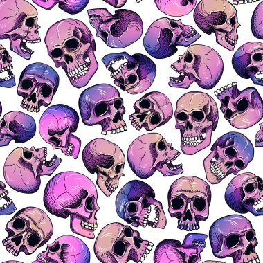 Vektör, insan kafatasları ile kusursuz desen. Degrade dolgu: pembe, sarı, leylak; dövme tarzında beyaz bir arka plan üzerinde çizgi sanatı.