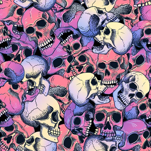 Vector Seamless Pattern Human Skulls Gradient Fill Coral Yellow Lilac — Stock Vector