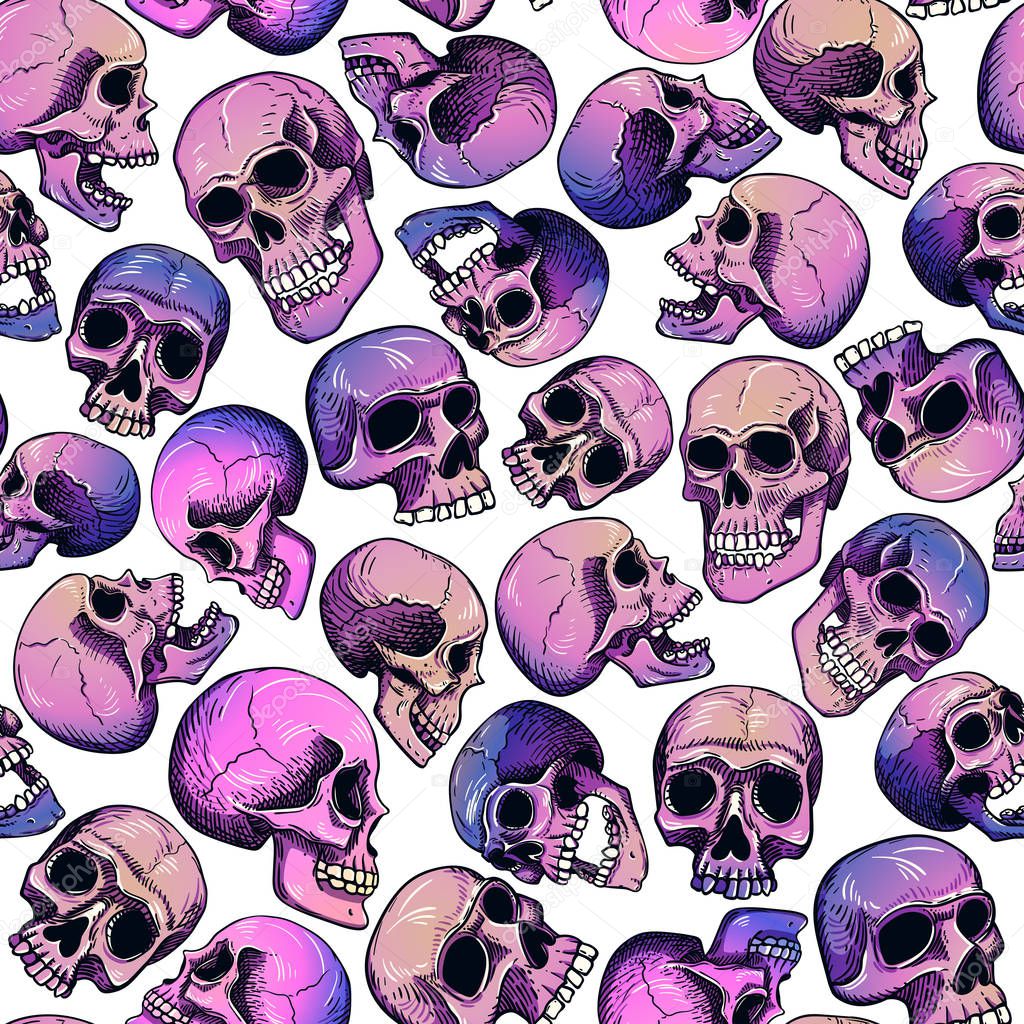 Vector seamless pattern with human skulls. Gradient fill: pink, yellow, lilac; line art on a white background in tattoo  style.