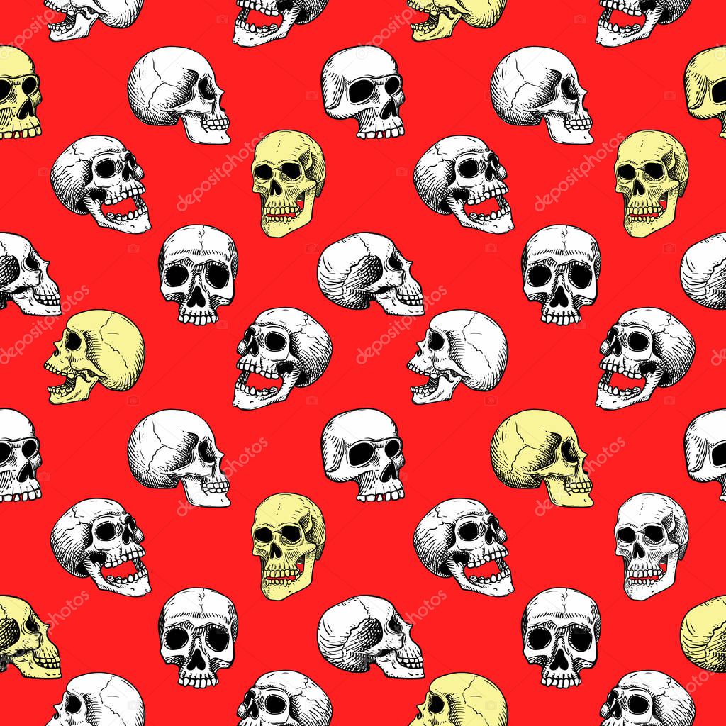 Vector seamless pattern with human white, yellow skulls on a red background. Line art  in tattoo  style. Background for Halloween.