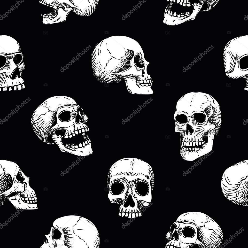 Vector seamless pattern with human white skulls on a black background. Line art  in tattoo  style. Background for Halloween.