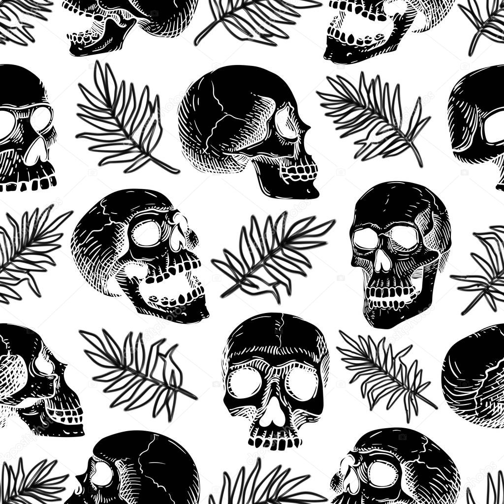 Vector seamless pattern with human skulls and palm tropical leaves. Line art, inversion colors: black heads on white background in tattoo style.
