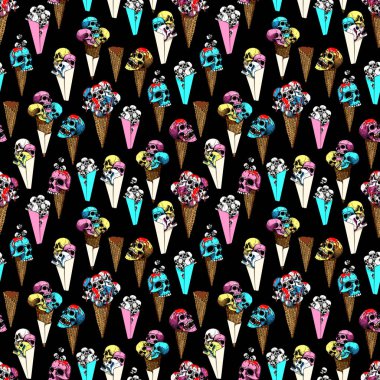 Kırmızı reçel, insan kafatasından dondurma ile bir waffle koni dondurma Dikişsiz deseni. Tema partileri için ürpertici karikatür illüstrasyon, t-shirt, halloween için baskılar. Siyah Pembe, mavi ve sarı renkler