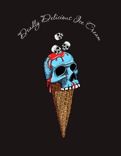 人类头骨冰淇淋在华夫饼锥与蔓延红色果酱 主题派对的令人毛骨悚然的卡通插图 T恤衫的印花 万圣节 蓝色奶油 — 图库矢量图片