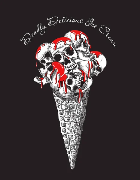 人类头骨冰淇淋在华夫饼锥与蔓延的红色果酱 主题派对的令人毛骨悚然的卡通插图 T恤衫的印花 万圣节 — 图库矢量图片