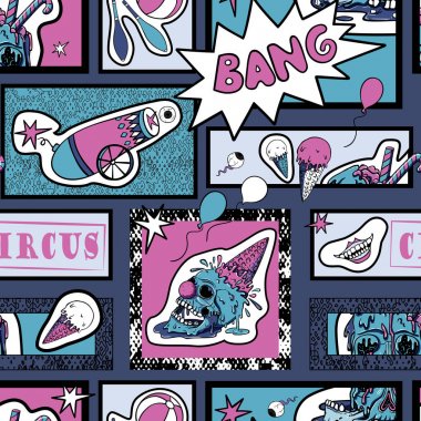 Vector seamless pattern in comic pop art style. Creepy circus elements, evil clown and human skull. Comic book vector Vector seamless pattern in comic pop art style. Creepy circus elements, evil clown and human skull. Comic book vector