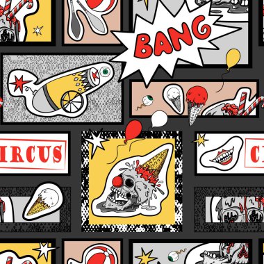 Vector seamless pattern in comic pop art style. Creepy circus elements, evil clown and human skull. Comic book vector Vector seamless pattern in comic pop art style. Creepy circus elements, evil clown and human skull. Comic book vector