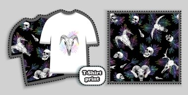 İnsan ve hayvan kafatasları, palmiye siyah üzerinde t-shirt baskılar için dikişsiz desen bırakır. Giysi, tekstil, çanta veya kartpostal, kapak, resim için baskı