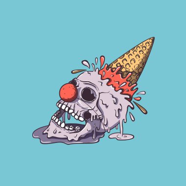 Clown skull ice cream fell on the ground, waffle cone sticking up and splashes fly away, the ice cream melts and flows. Creepy cartoon illustration for prints, t-shirts, Halloween or tattoo. vector Clown skull ice cream fell on the ground, waffle cone sticking up and splashes fly away, the ice cream melts and flows. Creepy cartoon illustration for prints, t-shirts, Halloween or tattoo. vector