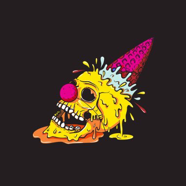 Clown yellow skull ice cream fell on the ground, waffle cone sticking up and splashes fly away, the ice cream melts and flows. Creepy cartoon illustration for prints, t-shirts, Halloween or tattoo. vector Clown yellow skull ice cream fell on the ground, waffle cone sticking up and splashes fly away, the ice cream melts and flows. Creepy cartoon illustration for prints, t-shirts, Halloween or tattoo. vector
