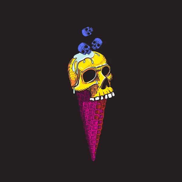 人类黄色头骨冰淇淋在华夫饼锥与融化的果酱 主题派对的令人毛骨悚然的卡通插图 T恤衫的印花 万圣节 — 图库矢量图片