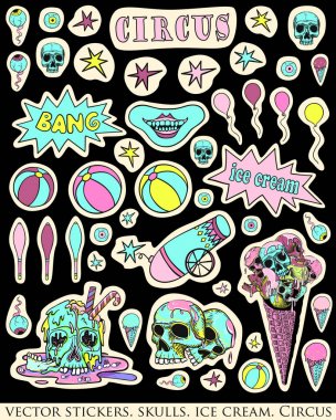 Çıkartmalar, iğneler. Kafatası, dondurma ve sirk özellikleri. Ürpertici, eğlenceli karikatür illüstrasyon. Siyah üzerinde parlak, asit renkler.