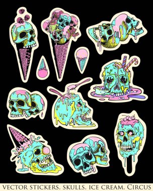 Set of stickers, pins. Skull, ice cream and evil clown. Creepy, fun cartoon illustration. Bright, acid colors on black. clipart