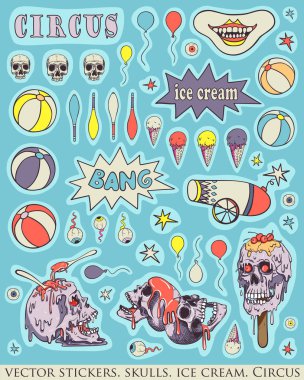 Çıkartmalar, iğneler. Kafatası, dondurma ve sirk özellikleri. Ürpertici, eğlenceli karikatür illüstrasyon. Vintage sakin renkler.