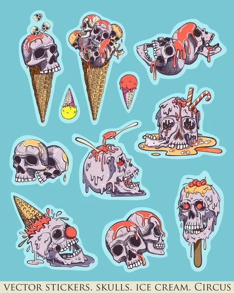 一套贴纸 冰淇淋和邪恶的小丑 令人毛骨悚然的 有趣的卡通插图 复古平静的颜色 — 图库矢量图片
