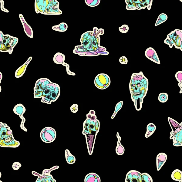 頭蓋骨 アイスクリームとサーカスの属性 ベクトルシームレスなパターン 不気味な 楽しい漫画のイラスト — ストックベクタ