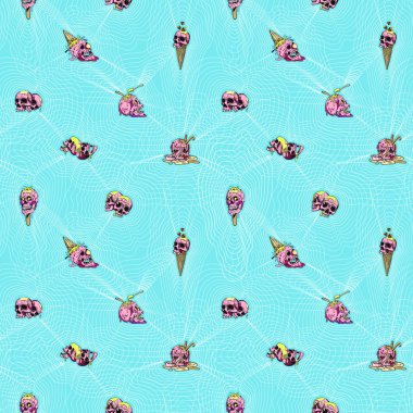 Kafatası, dondurma - vektör dikişsiz desen. Soyut web. Ürpertici, eğlenceli karikatür illüstrasyon.