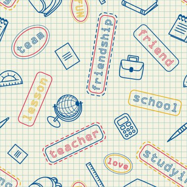 Okul, web sayfaları için ofis sorunsuz desen, mobil uygulamalar. Kafesteki bir sayfada metin bulunan kırtasiye eşyaları ve çizgilerin görüntüsü.