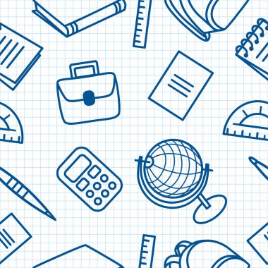 Okul, web sayfaları için ofis sorunsuz desen, mobil uygulamalar. Kırtasiye öğeleri nin görüntüsü: küre, hesap makinesi, kafesteki bir çarşafın üzerindeki sırt çantası.