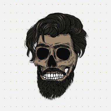 Siyah saçlı sakallı kafatası. Şık erkek saç modeli ve sakal. Cadılar Bayramı, berber dükkanı ve giysiler için resim.