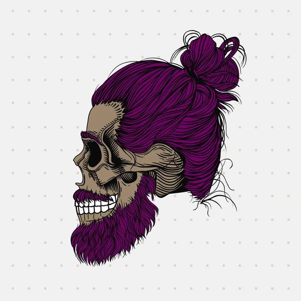 Calavera Barbuda Con Pelo Morado Moño Elegante Peinado Barba Hombre — Vector de stock