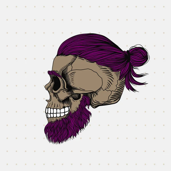 Crâne Barbu Avec Des Cheveux Violets Dans Chignon Coiffure Barbe — Image vectorielle