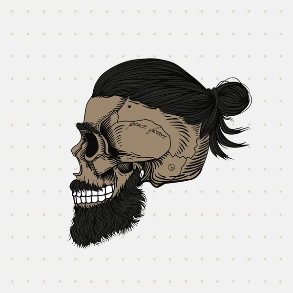 Crâne Barbu Avec Des Cheveux Noirs Dans Chignon Tatouage Coiffure — Image vectorielle