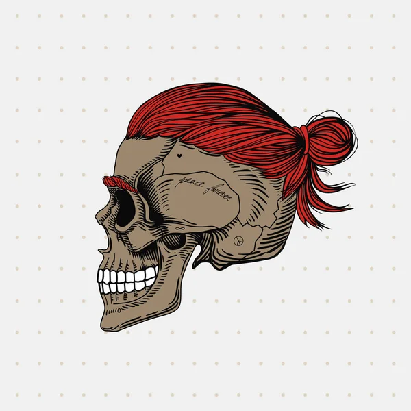 Crâne Avec Poils Gingembre Dans Chignon Tatouage Coiffure Barbe Élégantes — Image vectorielle
