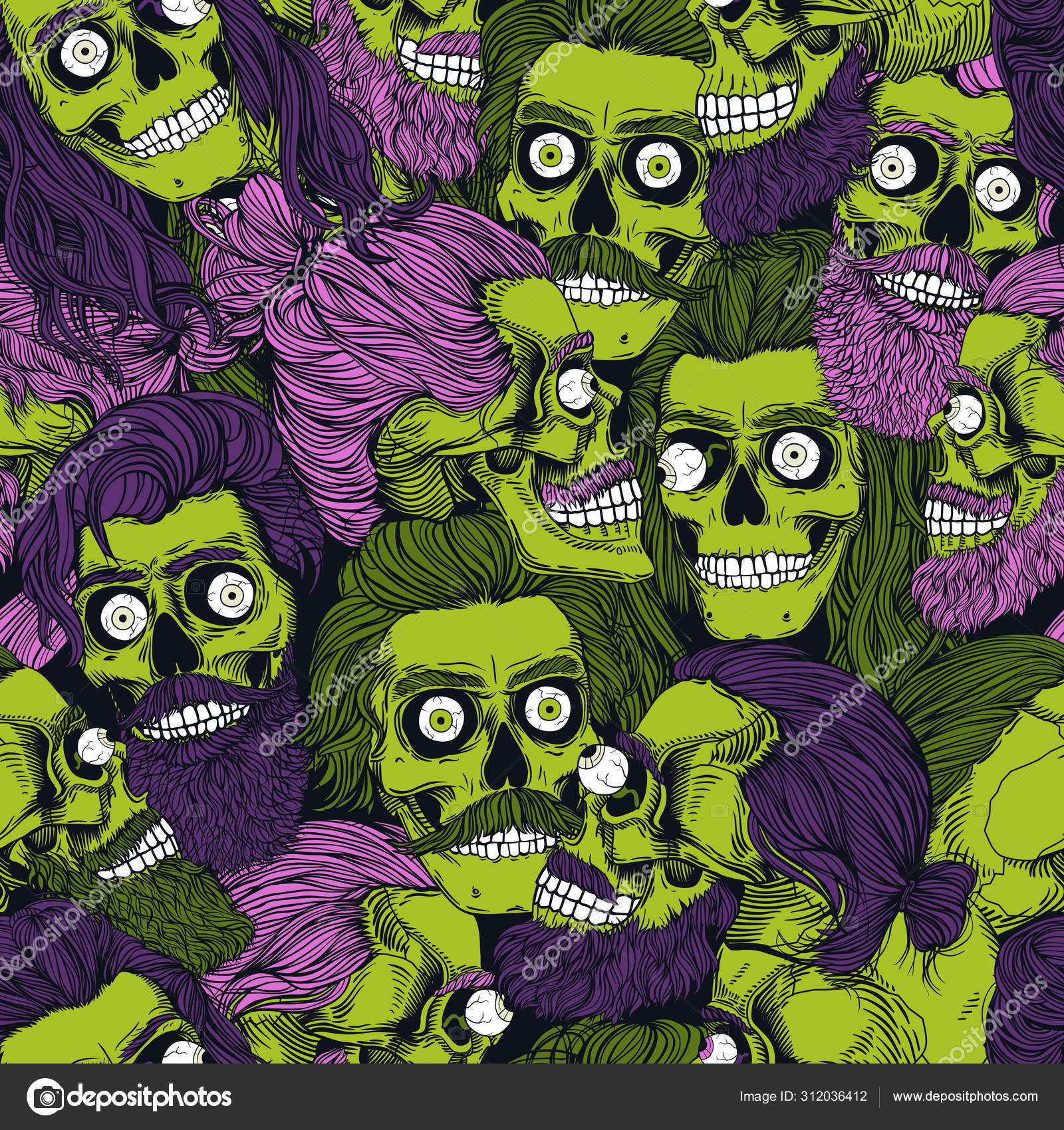 Bearded Green Zombie Skull Eyeball Seamless Pattern Male Skull Pink