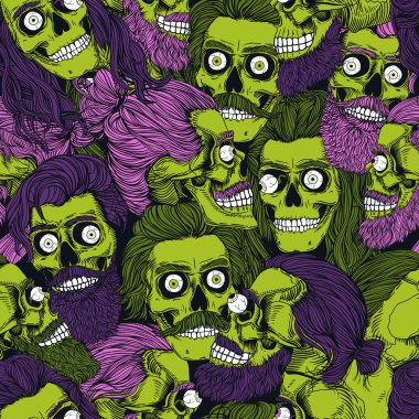 Sakallı, yeşil zombi kafataslı, kusursuz desenli. Pembe, mor bir saç kesimi, sakalı ve bıyığı olan bir erkek kafatası. Cadılar Bayramı için resim.