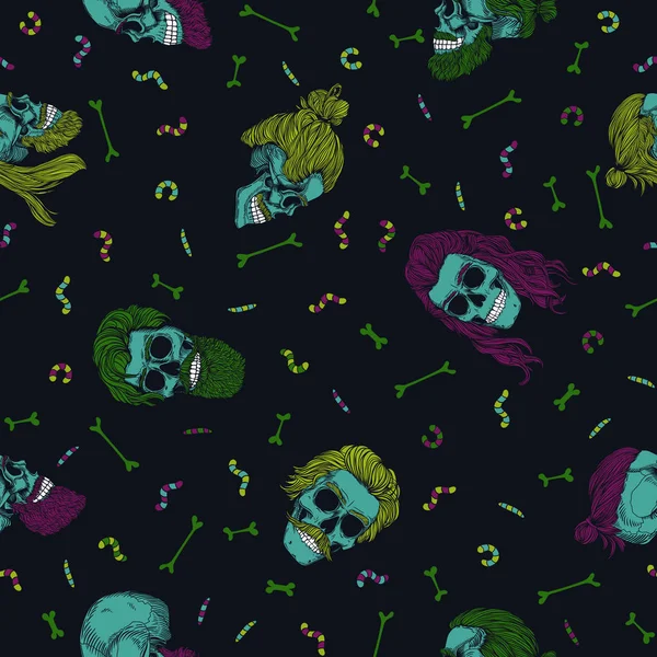 Crânes Zombies Barbus Avec Vers Motif Sans Couture Crâne Vert — Image vectorielle