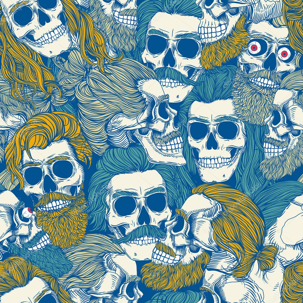Bearded skull, blue colors seamless pattern. Male skull with a stylish haircut, beard and mustache. Picture for Halloween.