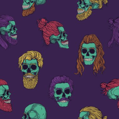 Sakallı, yeşil zombi kafatasları, kusursuz desenler. Şık kırmızı saçlı, kızıl saçlı, sakallı ve bıyıklı bir erkek. Cadılar Bayramı için resim.