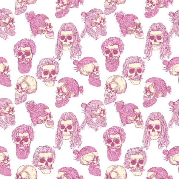 Bearded Skull Pink Seamless Pattern Male Skull Stylish Haircut Beard — ストックベクタ