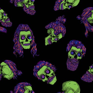 Soyut sakallı zombi kafataslarıyla kusursuz bir şekil. Gradyan dolgu, parlak trend renkleri: mor, siyah arka planda mavi. Cadılar Bayramı.